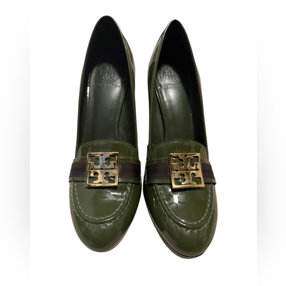 Tory Burch Olive Green Patent Leather Heeled Loafer Size 9.5 - Picture 2 of 9